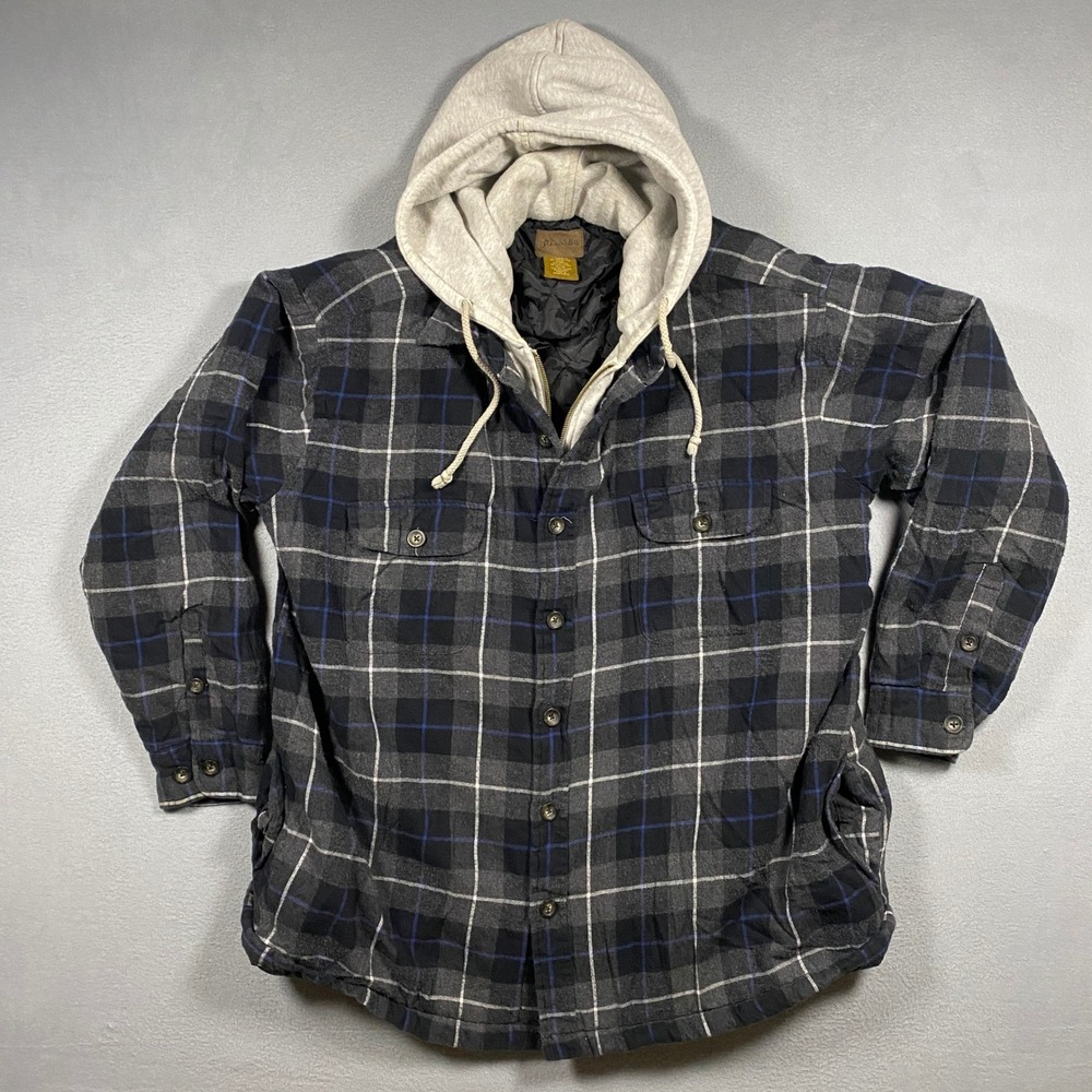 Vintage St. John's Bay Flannel Full Zip Jacket Mens L Plaid Quilted Hooded Lined